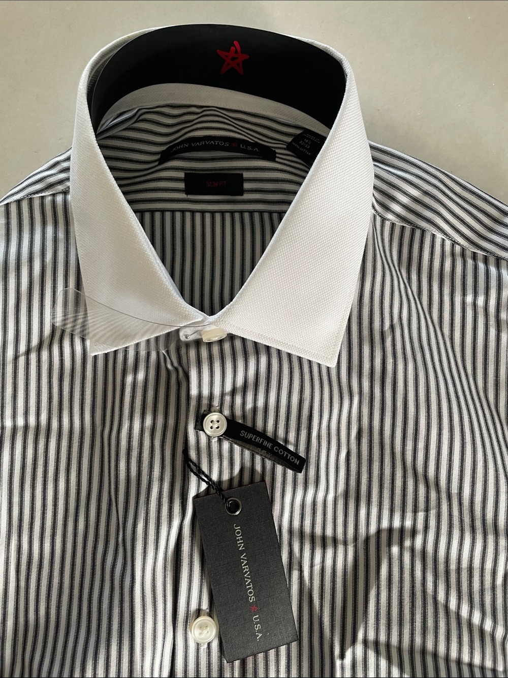 John Varvatos Black & White Stripe Dress Shirt with White Collar16.5 32/33 #108